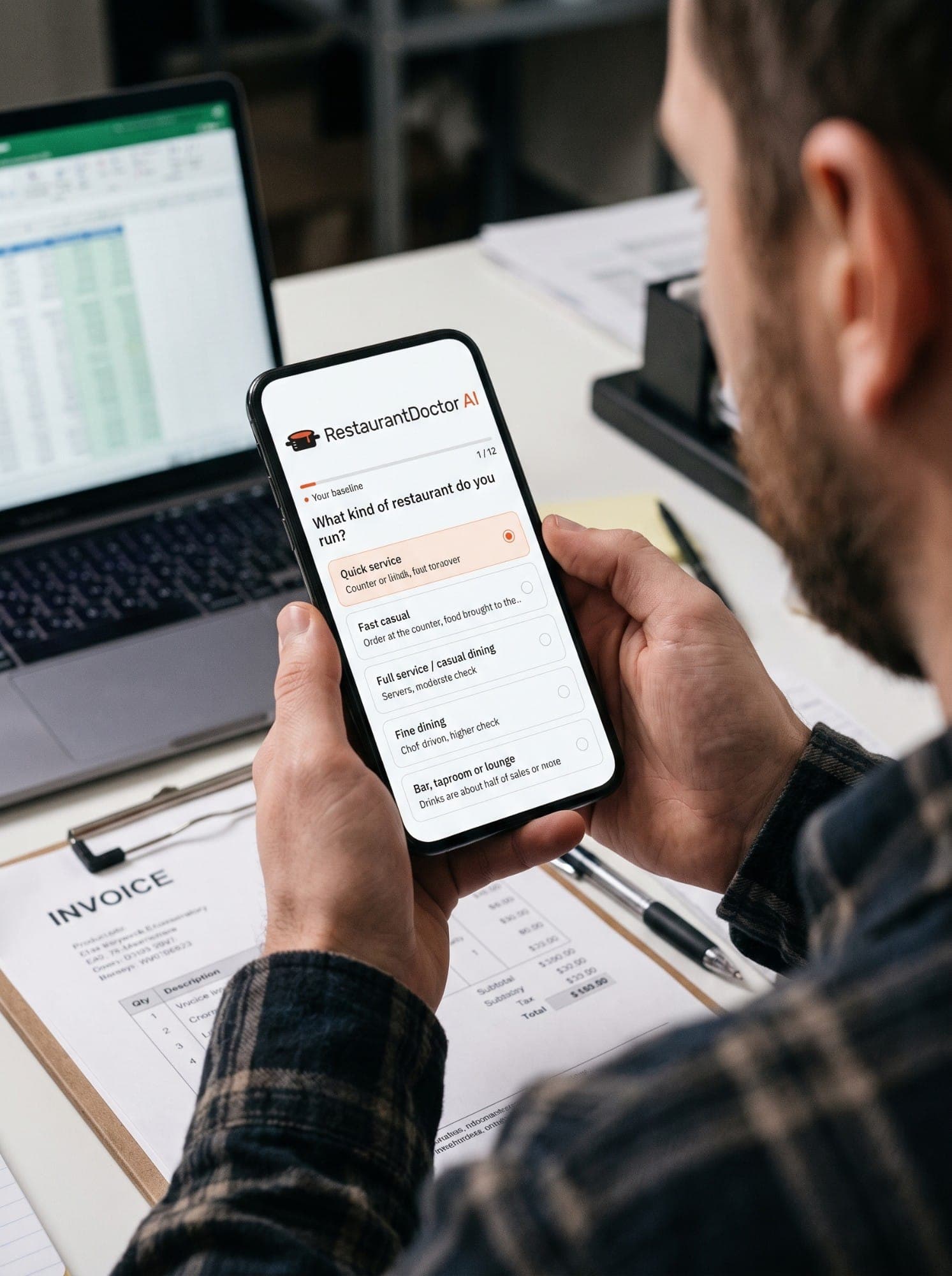 AI-generated image: a restaurant owner answers the free profit check's first question on his phone at the office desk.